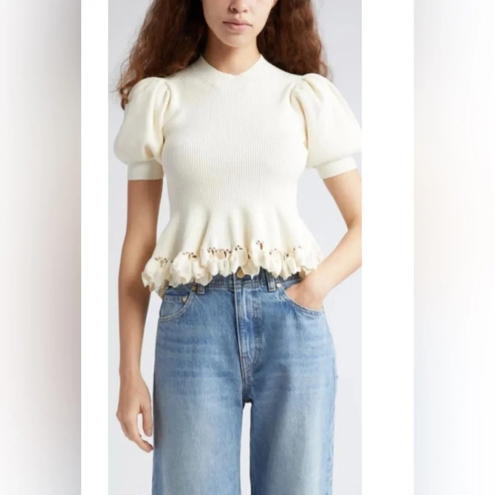 Ulla Johnson Ivory Knit Puff-Sleeve Peplum Top